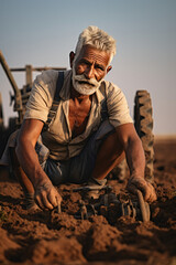 Elderly bearded man with white hair working the soil on a farm showcasing strength determination and the raw character of rural outdoor labor