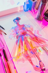 An artistic, colorful fashion illustration under neon lights with an array of drawing implements