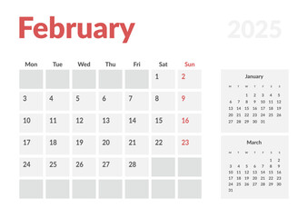 Calendar Template of February 2025. Vector layout simple calendar with week start Monday.