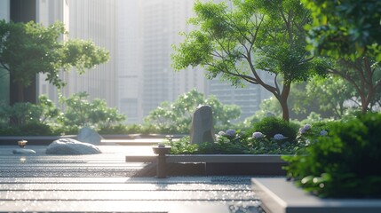 A serene, artificial intelligence-managed zen garden on the rooftop of a skyscraper. 