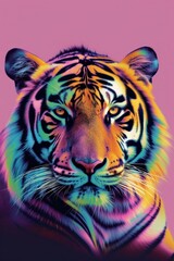 Abstract psychedelic art of a tiger in neon pink and blue tones on a pink background