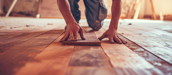 male worker lays parquet or laminate during home renovation - obrazy, fototapety, plakaty