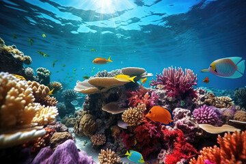 Fototapeta na wymiar Underwater coral reef with vibrant sunlit ecosystem presenting sustainable marine life ideal for eco-tourism and marine biology