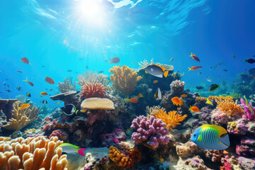 Naklejka na ściany i meble Vibrant underwater scene for tourism and educational material featuring coral reef tropical fish marine life marine conservation and natural beauty