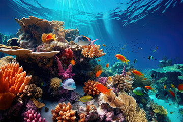 Obraz na płótnie Canvas Underwater Coral Reef with Colorful Fish and Sunrays Ideal for Conservation and Tourism Industries