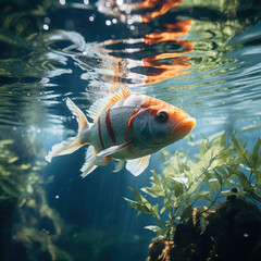 Underwater view of a fish amid aquatic plants representing themes like nature tranquility exploration and aquatic life ideal for wildlife and conservation industries