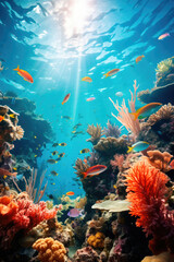 Underwater marine life in a vibrant coral reef, depicting biodiversity and serene natural habitat, ideal for conservation and travel themes