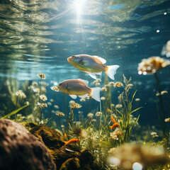 Freshwater Fish Swimming Among Underwater Flora in Sunlit Waters Ideal for Environmental Conservation Content