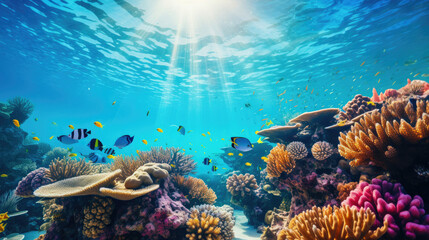 Fototapeta na wymiar Underwater view of a coral reef with tropical fish and sea turtles suggesting themes like marine biology tourism and ocean conservation