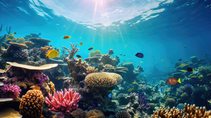 Underwater paradise of a vibrant coral reef bustling with diverse marine life ideal for nature themes, tourism and conservation efforts