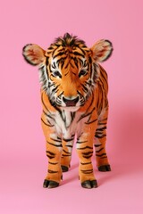 A cute tiger cub stands alert and looking forward with a soft pink background