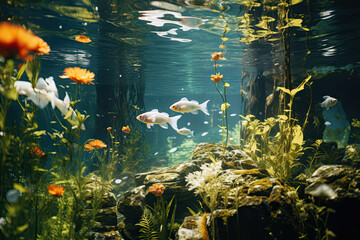 Fototapeta na wymiar Underwater tranquility with fish amidst vibrant aquatic plants suitable for nature-themed visuals or environmental conservation campaigns