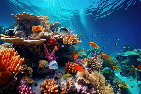 Underwater Coral Reef with Colorful Fish and Sunrays Ideal for Conservation and Tourism Industries