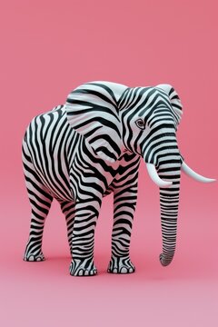 A graphic representation of an elephant painted with zebra stripes against a pink background