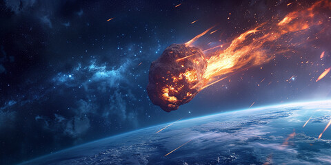 huge giant burning asteroid in space flying towards planet earth. collides with the surface - obrazy, fototapety, plakaty