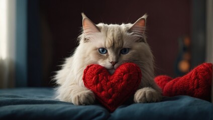 The Ragdoll cat's paws held a heart. A cute little white cat on a Valentine's Day postcard 