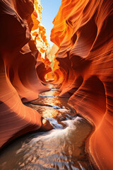 Sunlit Antelope Canyon with flowing river as a travel and adventure destination capturing the essence of natural wonder and geology