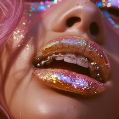 Obraz premium Extreme close-up of a woman's lips featuring glitter lipstick and orthodontic dental braces, showcasing detail