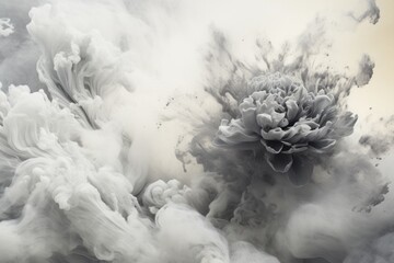 A single monochrome flower surrounded by flowing white forms resembling waves