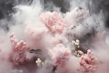 Artistic depiction of delicate flowers shrouded in dreamy pink smoke