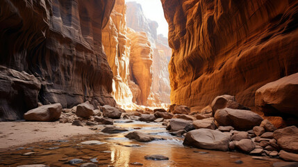Majestic sunlit canyon with a serene stream reflecting adventure and natural beauty perfect for travel and exploration themes