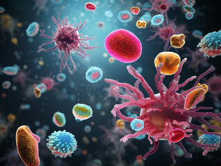 Naklejka premium Microorganisms in the body. Breeding and increasing in number.