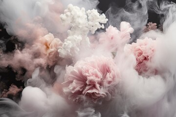 Enchanting visual of delicate pink flowers and coral branches entwined in a soft, misty haze