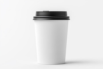 White mockup paper cup for hot coffee with black lid isolated on white background. Takeaway blank tea (coffee) cup for your design text or banner of brand