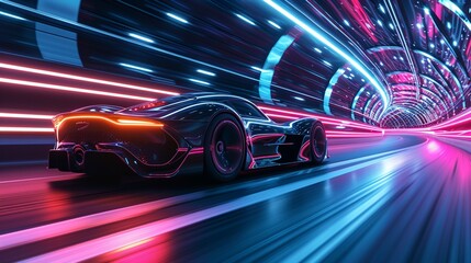 A sleek, electric hypercar racing through a tunnel lit by dynamic, interactive light installations. 