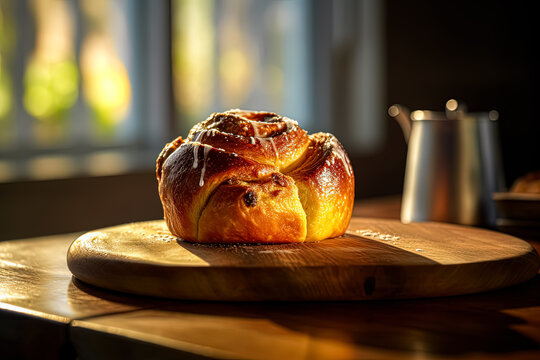 Indulge in the sweet allure of Chelsea buns, homemade snail buns adorned with cinnamon and raisins. A tempting close up for culinary projects and bakery themes.