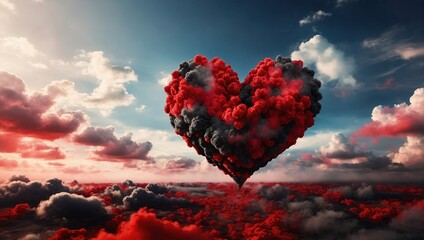 beautiful red and black colorful valentine day heart in the clouds as abstract background
