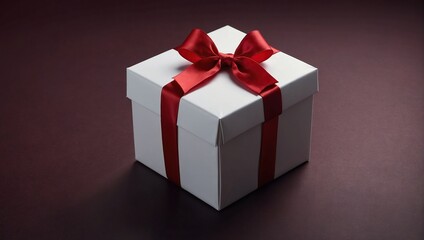 Obraz premium Open or top view of a white present box with a red ribbon bow tied, or a blank white gift box, isolated on a dark red background with shadows