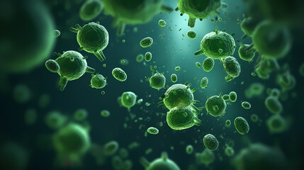 Various shapes of bacteria, probiotics under microscope, science, medicine concept background