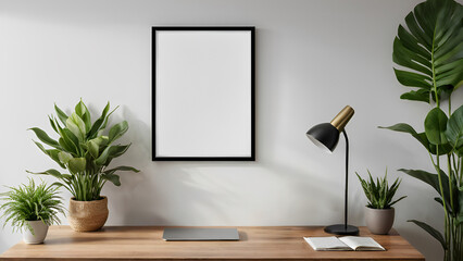 Interior poster mockup with vertical wooden frame and plants in vase on white wall background.