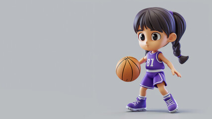 A cartoon basketball player in purple jersey isolated on gray background