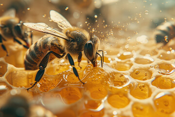 a small bee close-up sits on a honeycomb with honey on a yellow background. macro. - obrazy, fototapety, plakaty