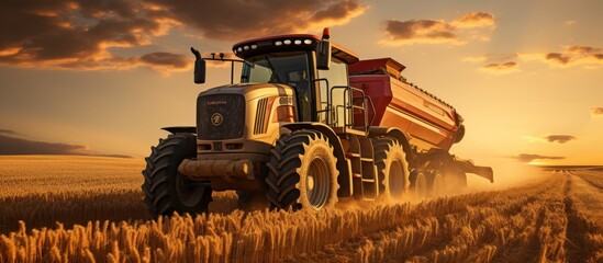 Harvester tractor dumps harvested wheat into truck. at sunset - obrazy, fototapety, plakaty