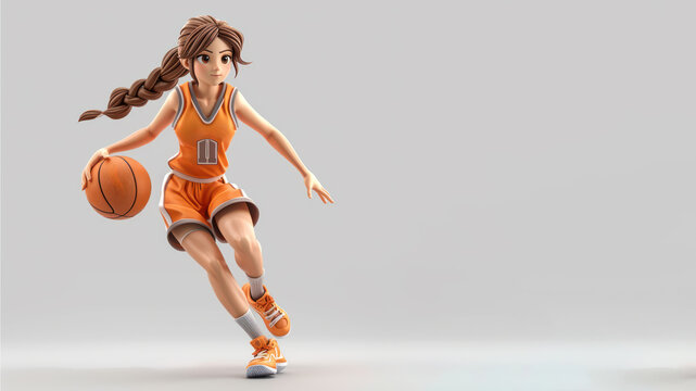 A cartoon basketball player in orange jersey isolated on gray background