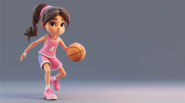 A cartoon basketball player in pink jersey isolated on gray background