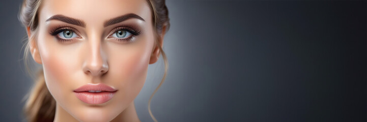 Fototapeta premium Beautiful face of young caucasian girl with natural make-up, perfect skin and blue eyes isolated. Studio portrait. Portrait of beautiful young brunette woman with smooth skin isolated on dark