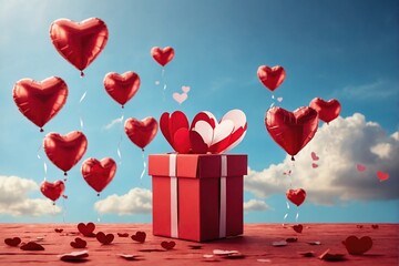 Gift box with heart balloon floating it the sky, Happy Valentine's Day banners, paper art style