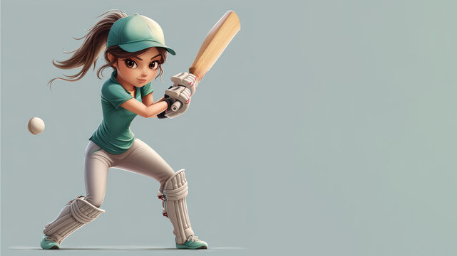 A cartoon cricket player in green jersey isolated on gray background
