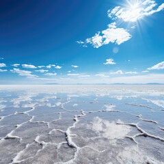 Scenic view of a vast salt flat under a bright blue sky ideal for travel and tourism industry