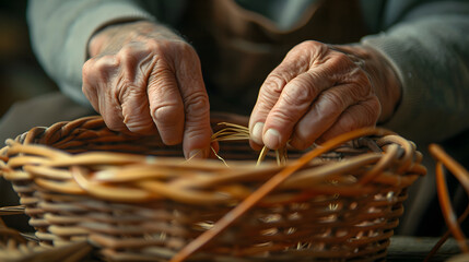 Close-up image capturing the skilled hands of an elderly person meticulously weaving a traditional wicker basket inside a craftsmans workshop
