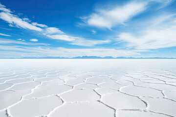 Expansive view of the serene Salar de Uyuni under a clear blue sky capturing the essence of tranquility and natural beauty perfect for travel and adventure themes