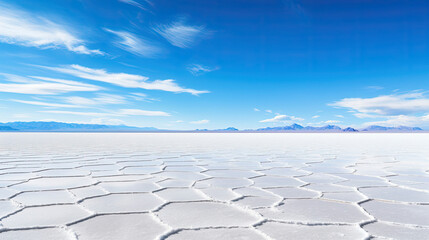 Expansive view of serene salt flats under blue sky ideal for travel and nature themes