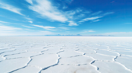 Obraz premium Travel destination showcasing the expansive beauty and serenity of Bolivian Salar de Uyuni under a clear blue sky with endless horizon ideal for adventure and scenic photography