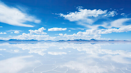 Salar de Uyuni salt flat under a wide blue sky with clouds mirrored in water promoting travel and eco-tourism in Bolivia