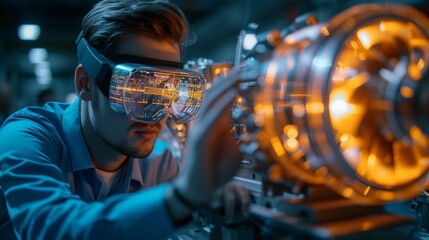An engineer using augmented reality glasses to design a revolutionary new engine. 