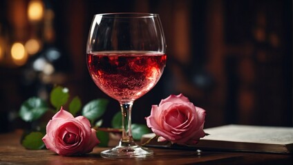 Glass of wine with red rose for romantic atmosphere